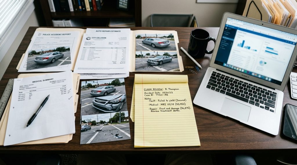 Auto insurance claim review with repair estimate medical bills and accident photos