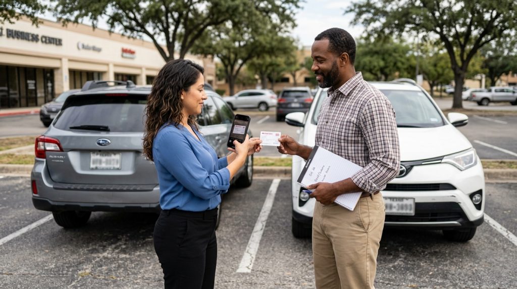 Drivers exchanging insurance information after a San Antonio car accident