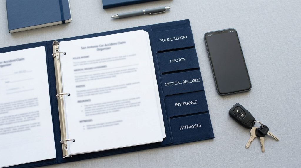 San Antonio car accident claim folder with police report photos and insurance notes