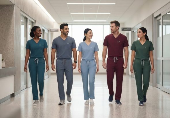 Healthcare professionals wearing comfortable breathable medical scrubs during a long shift
