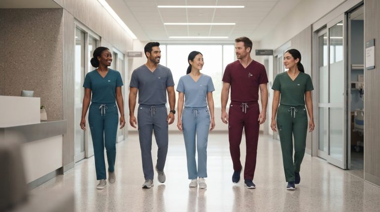 Healthcare professionals wearing comfortable breathable medical scrubs during a long shift