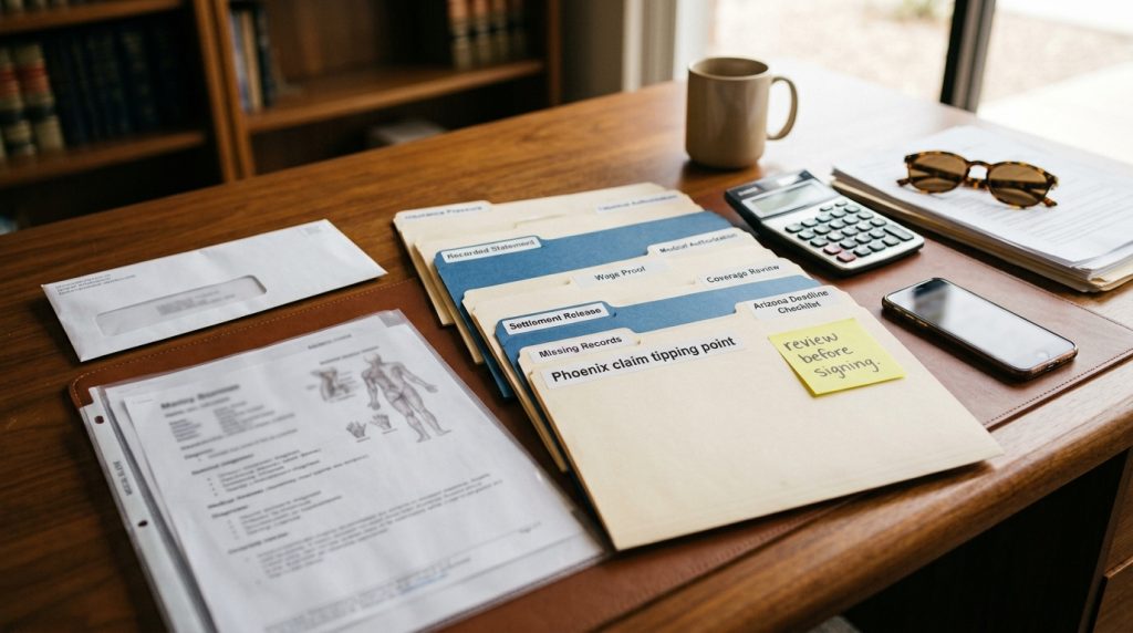 Phoenix claim tipping point desk with insurance pressure recorded statement medical authorization wage proof settlement release coverage review and Arizona deadline checklist