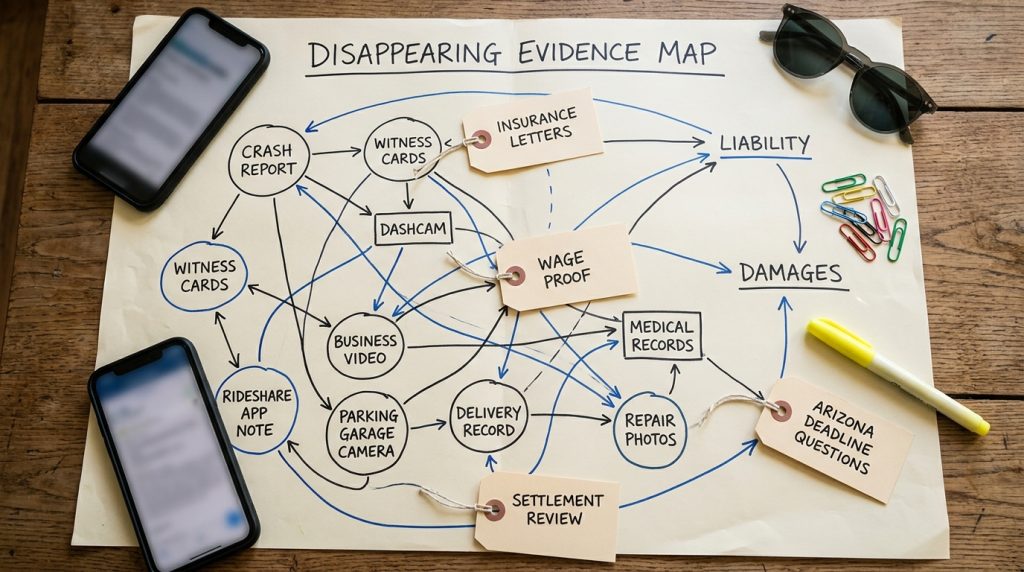 Phoenix disappearing evidence map with crash report camera footage witness cards rideshare record business video repair photos insurance notes and deadline markers