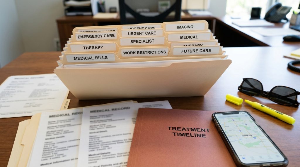 Phoenix injury treatment decision file with emergency care urgent care imaging specialist therapy medical bills work restrictions and future care notes