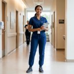 Female healthcare professional wearing women’s jogger scrub pants in a clinic hallway