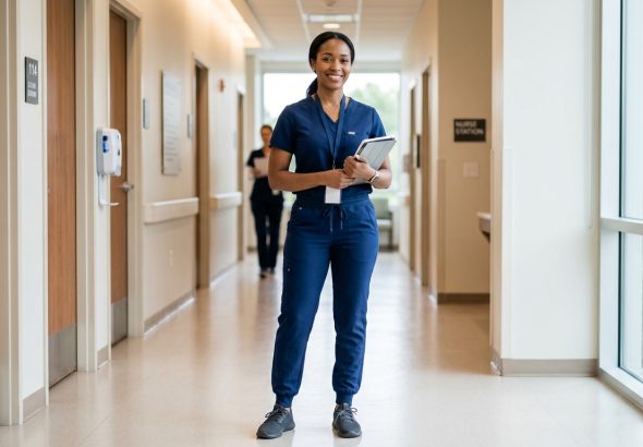 Female healthcare professional wearing women’s jogger scrub pants in a clinic hallway