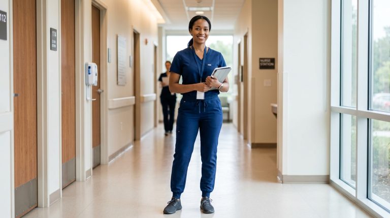 Female healthcare professional wearing women’s jogger scrub pants in a clinic hallway
