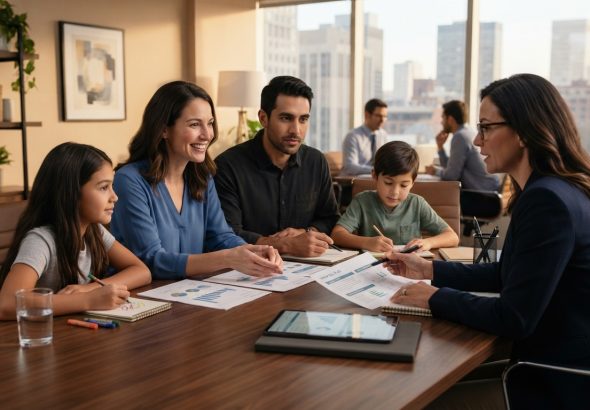 Family reviewing comprehensive financial plan with advisor