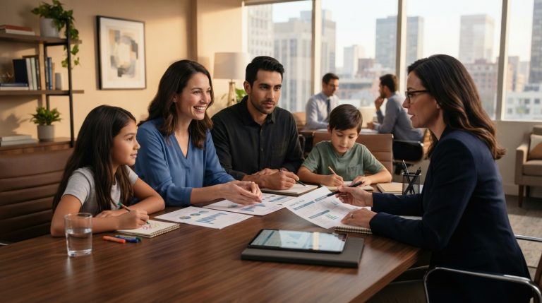 Family reviewing comprehensive financial plan with advisor