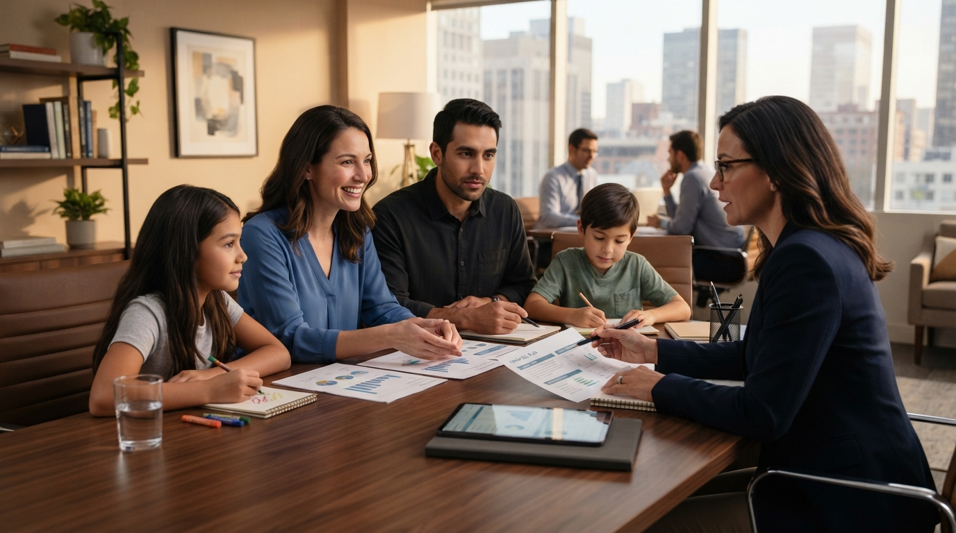 Family reviewing comprehensive financial plan with advisor