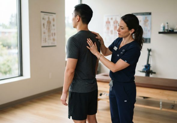 Chiropractor evaluating patient movement and posture in modern clinic