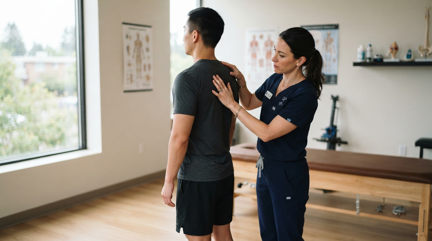 Chiropractor evaluating patient movement and posture in modern clinic