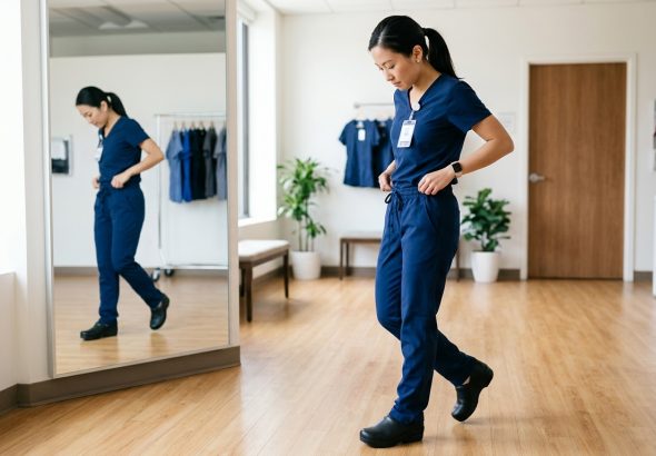Tall healthcare worker wearing properly fitted scrub pants