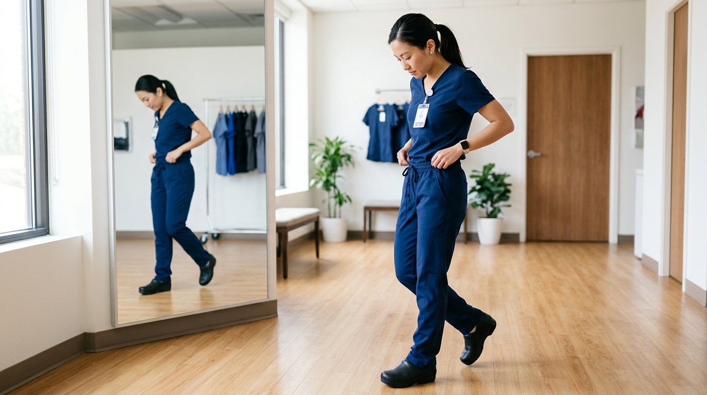 Tall healthcare worker wearing properly fitted scrub pants