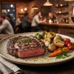 Premium steak dinner in a casual restaurant