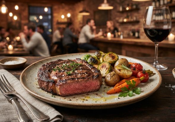 Premium steak dinner in a casual restaurant