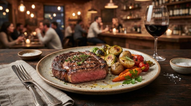 Premium steak dinner in a casual restaurant