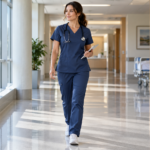 Healthcare professional wearing soft stretch scrubs during a clinical shift