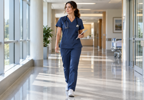 Healthcare professional wearing soft stretch scrubs during a clinical shift