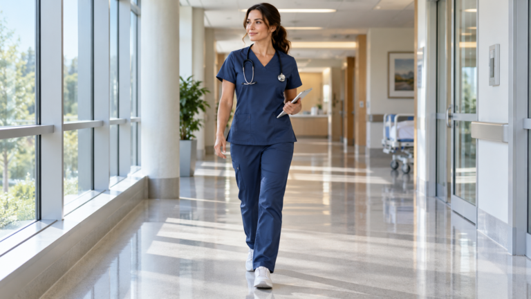 Healthcare professional wearing soft stretch scrubs during a clinical shift