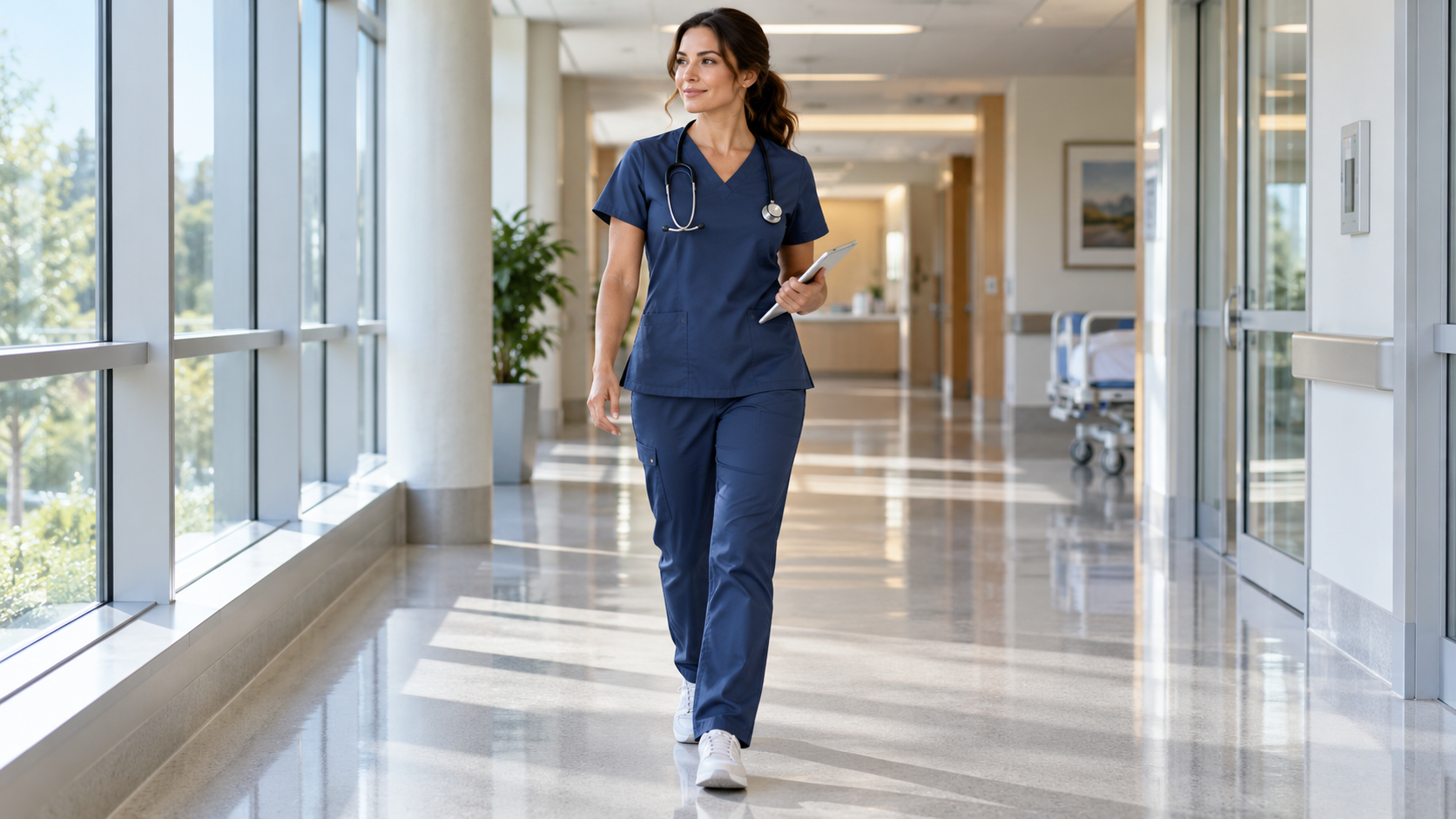 Healthcare professional wearing soft stretch scrubs during a clinical shift
