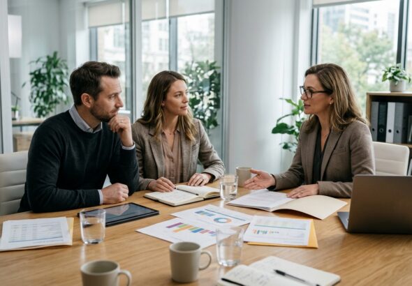Couple reviewing a financial plan and long-term savings goals with an advisor