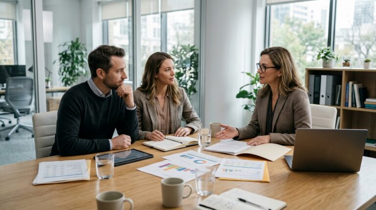 Couple reviewing a financial plan and long-term savings goals with an advisor