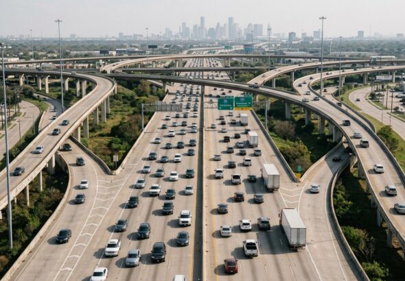 Houston I-45 and Loop 610 interchange showing heavy freeway traffic, merging vehicles, commercial trucks, and complex highway connections