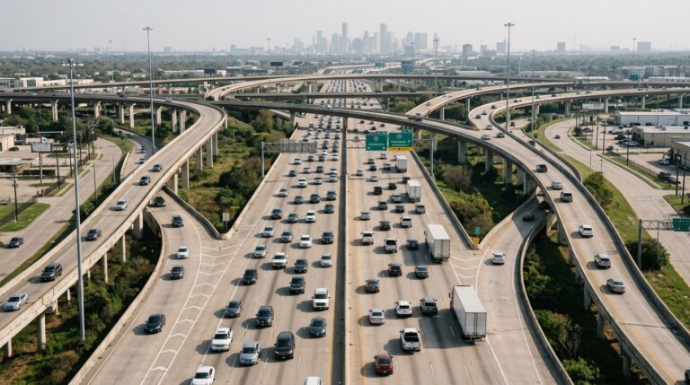 Houston I-45 and Loop 610 interchange showing heavy freeway traffic, merging vehicles, commercial trucks, and complex highway connections