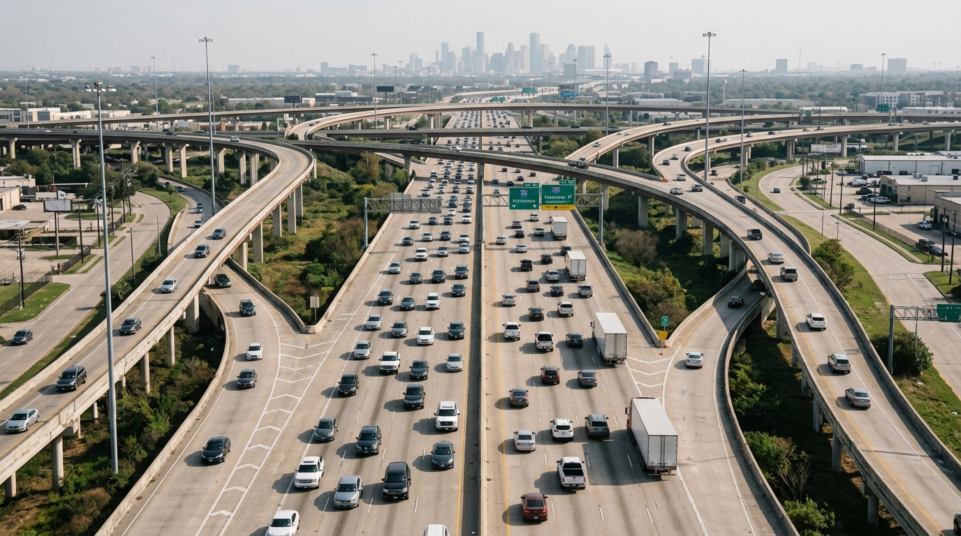Houston I-45 and Loop 610 interchange showing heavy freeway traffic, merging vehicles, commercial trucks, and complex highway connections