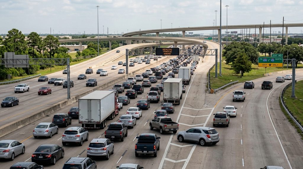 Houston I-45 and Loop 610 interchange traffic showing merging lanes, commercial trucks, and vehicles navigating freeway ramps