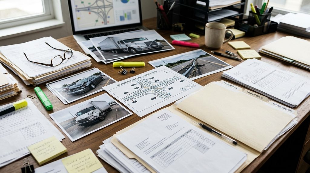 Houston freeway accident claim review showing vehicle damage photographs, commercial truck records, medical bills, and insurance documentation