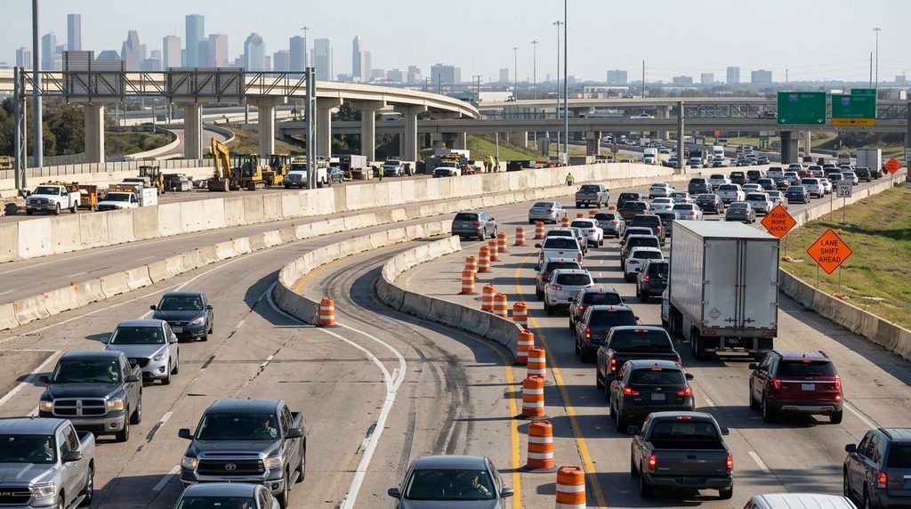Houston freeway interchange roadwork showing temporary barriers, lane shifts, merging traffic, and construction-related driving risks