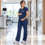 Pregnant healthcare professional wearing comfortable maternity scrubs